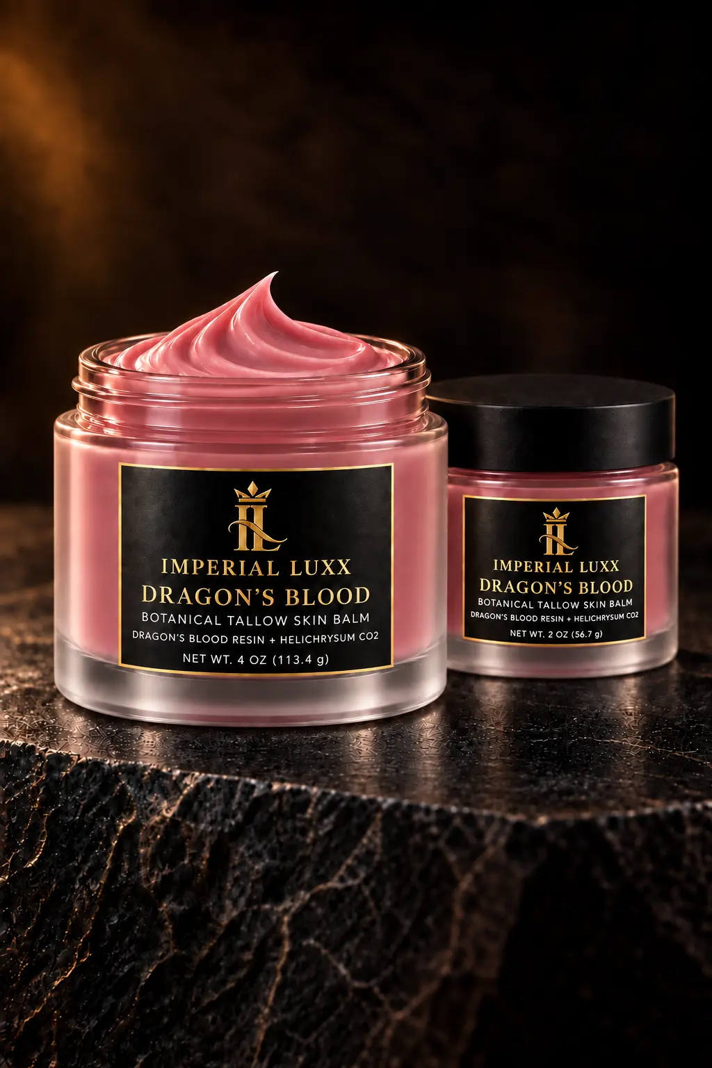 Open and closed frosted jars of Imperial LUXX Dragon's Blood botanical tallow balm
