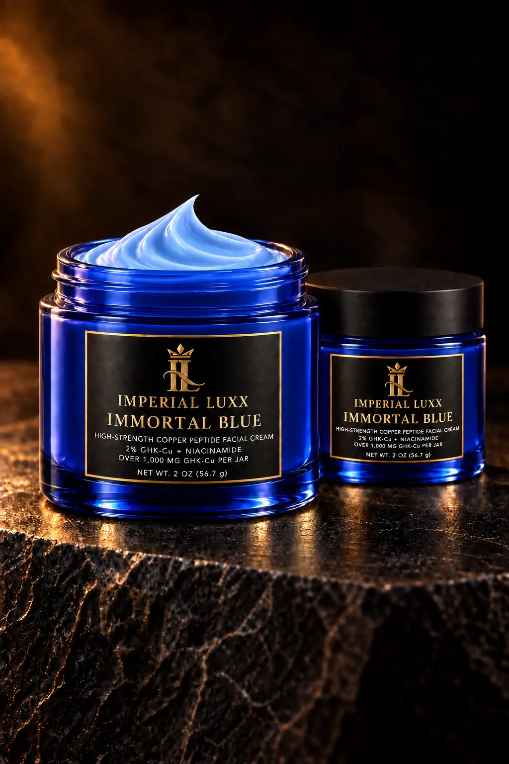 Open and closed cobalt jars of Imperial LUXX Immortal Blue copper peptide facial cream