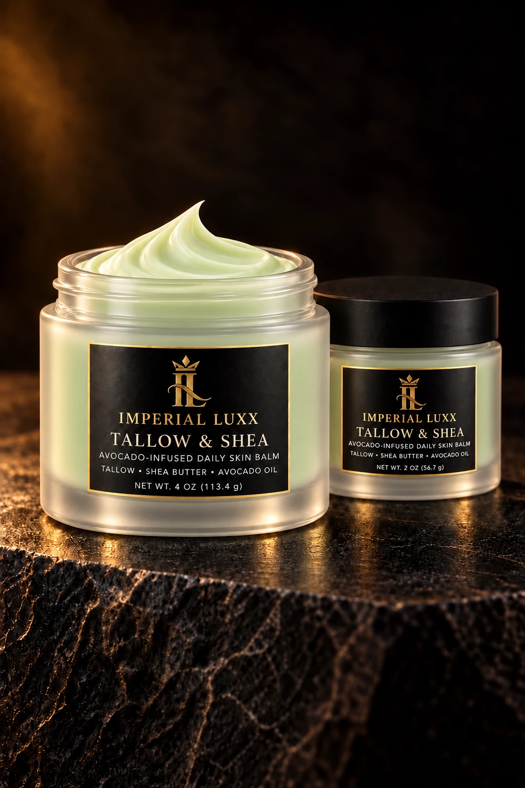 Open and closed frosted clear glass jars of Imperial LUXX Tallow and Shea with pale pistachio-green balm
